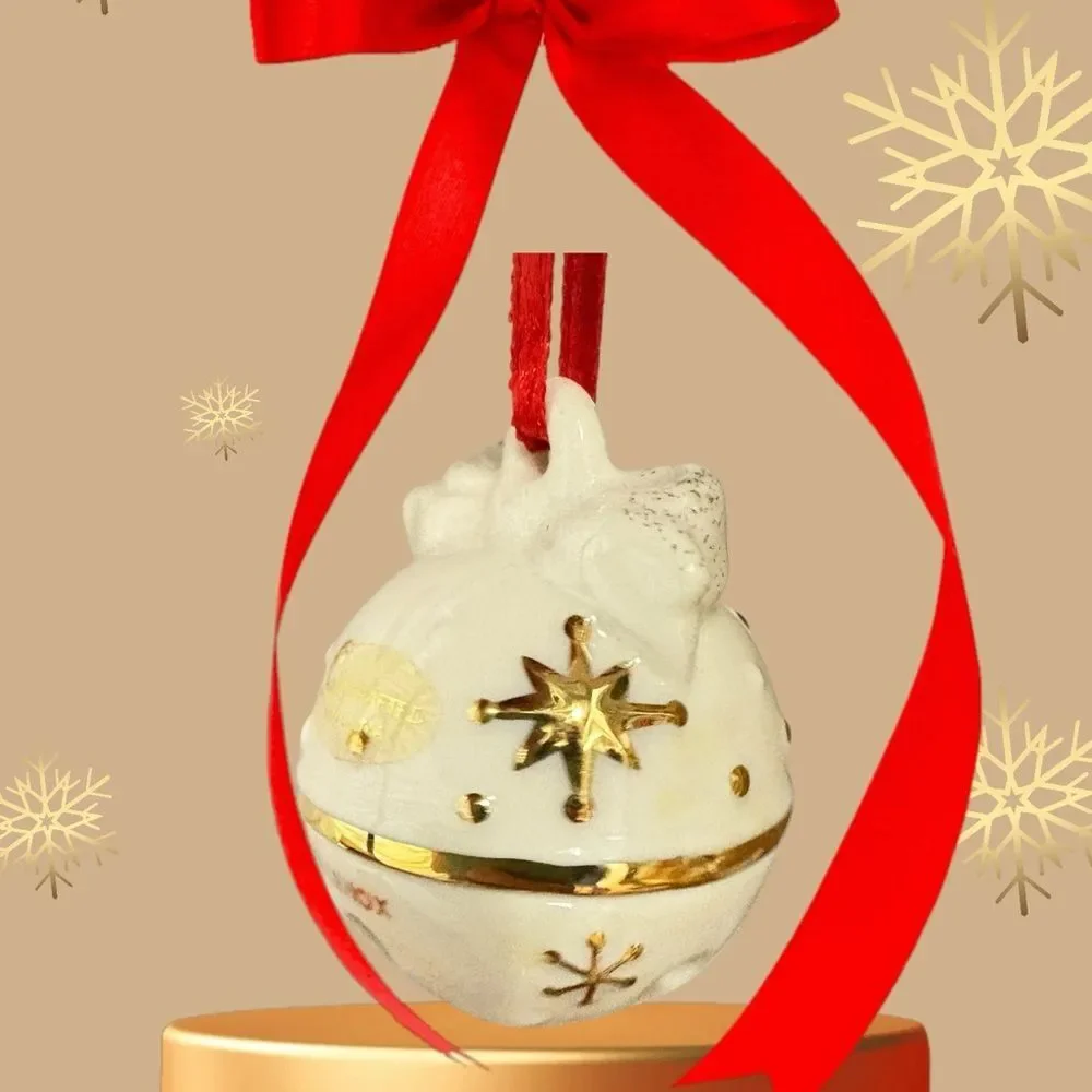 Lenox White and Gold‎ Bow Bell Ornament with Red Ribbon